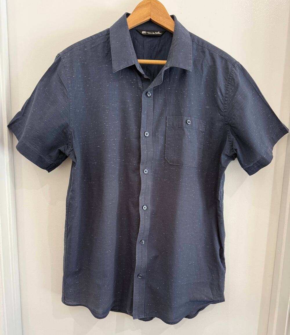 TravisMathew Men’s LG Navy Speckled Short Sleeve Button Down Shirt Golf Vacation